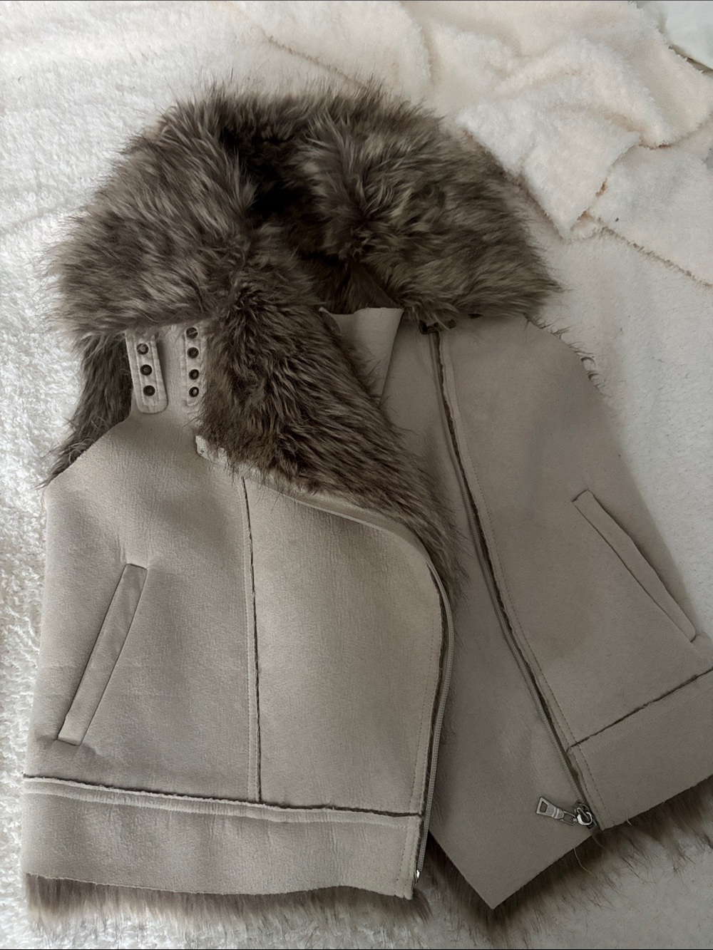 Steve Madden Taupe Faux Shearling Vest with Brown Fur Collar